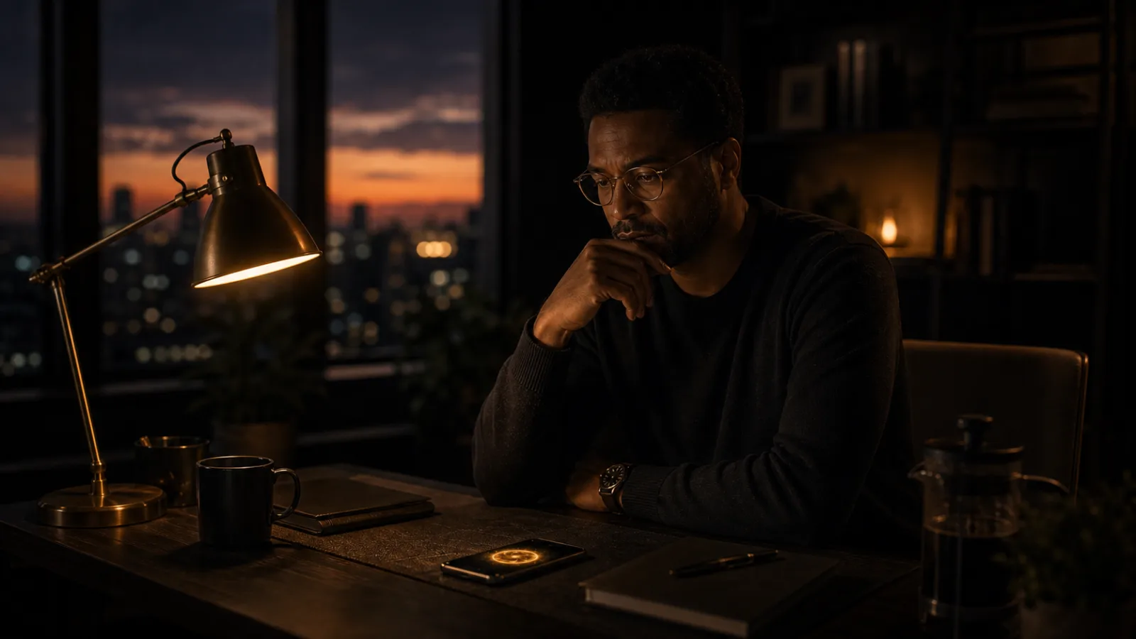 A Black man at a dark desk by a window at dusk, weighing a decision under warm gold lamp light.