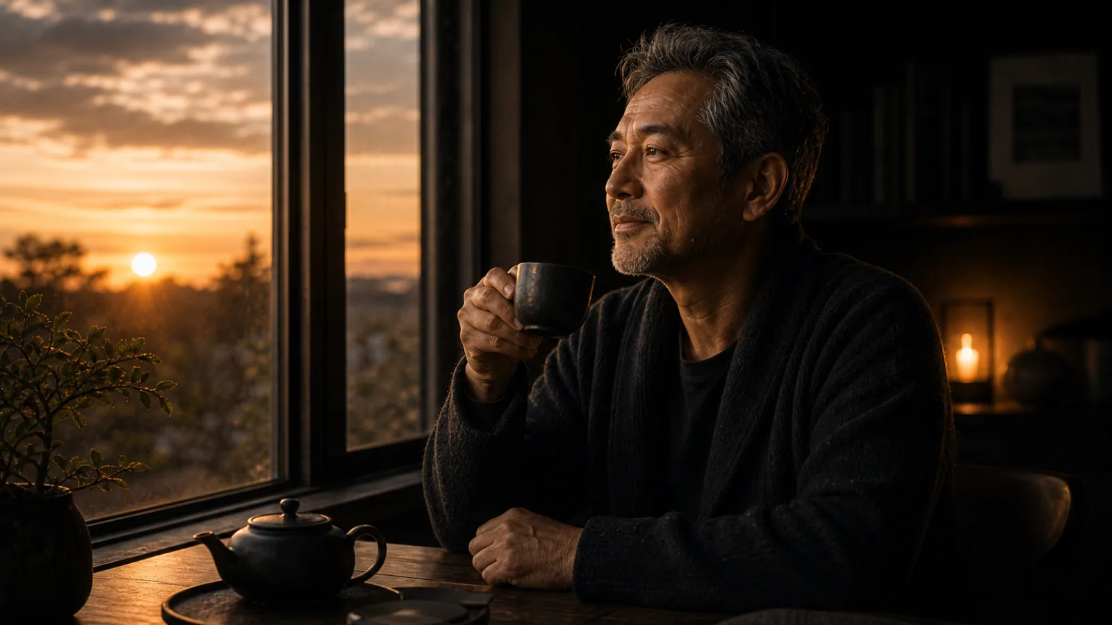 An older East Asian man calmly having tea at a dark window at dawn, unhurried, warm gold morning light.