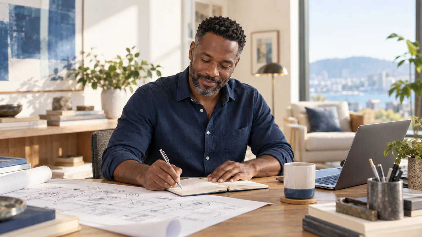 A Black male founder turns a broad project sketch into one small written action at his office desk.