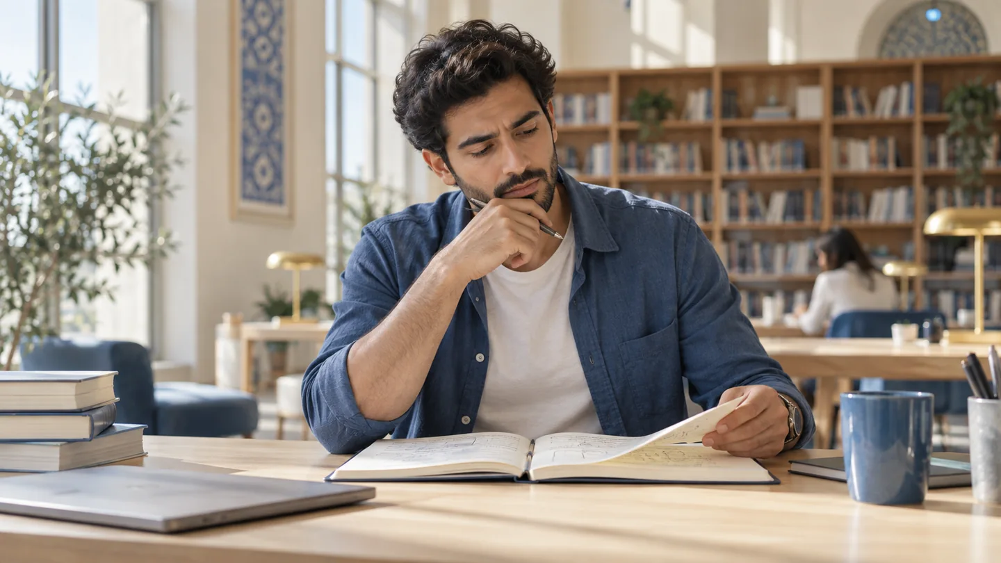 A Middle Eastern man compares two project approaches in a notebook at a quiet, bright library desk.