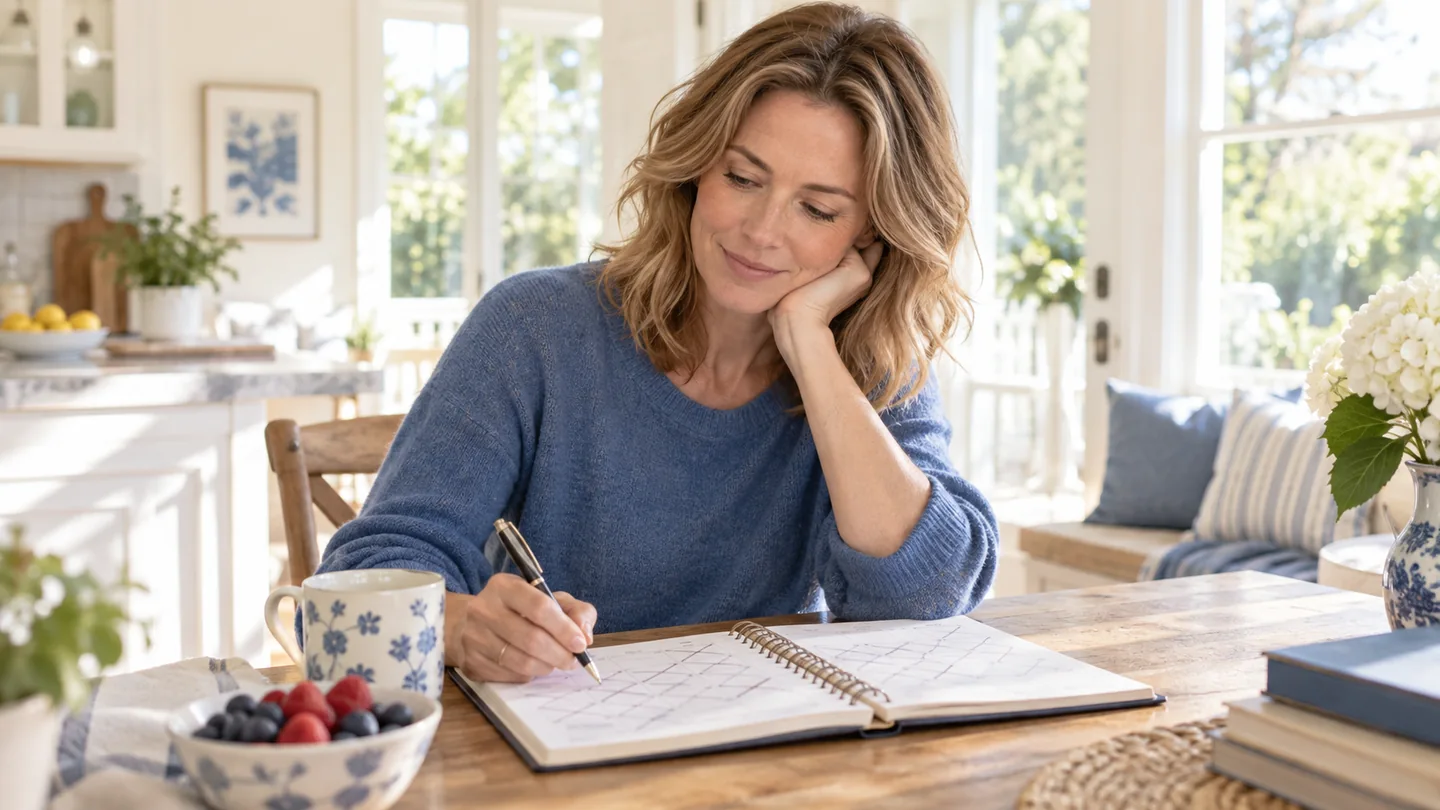 A woman revises a paper weekly planner with crossed-out appointments at a sunlit breakfast table.