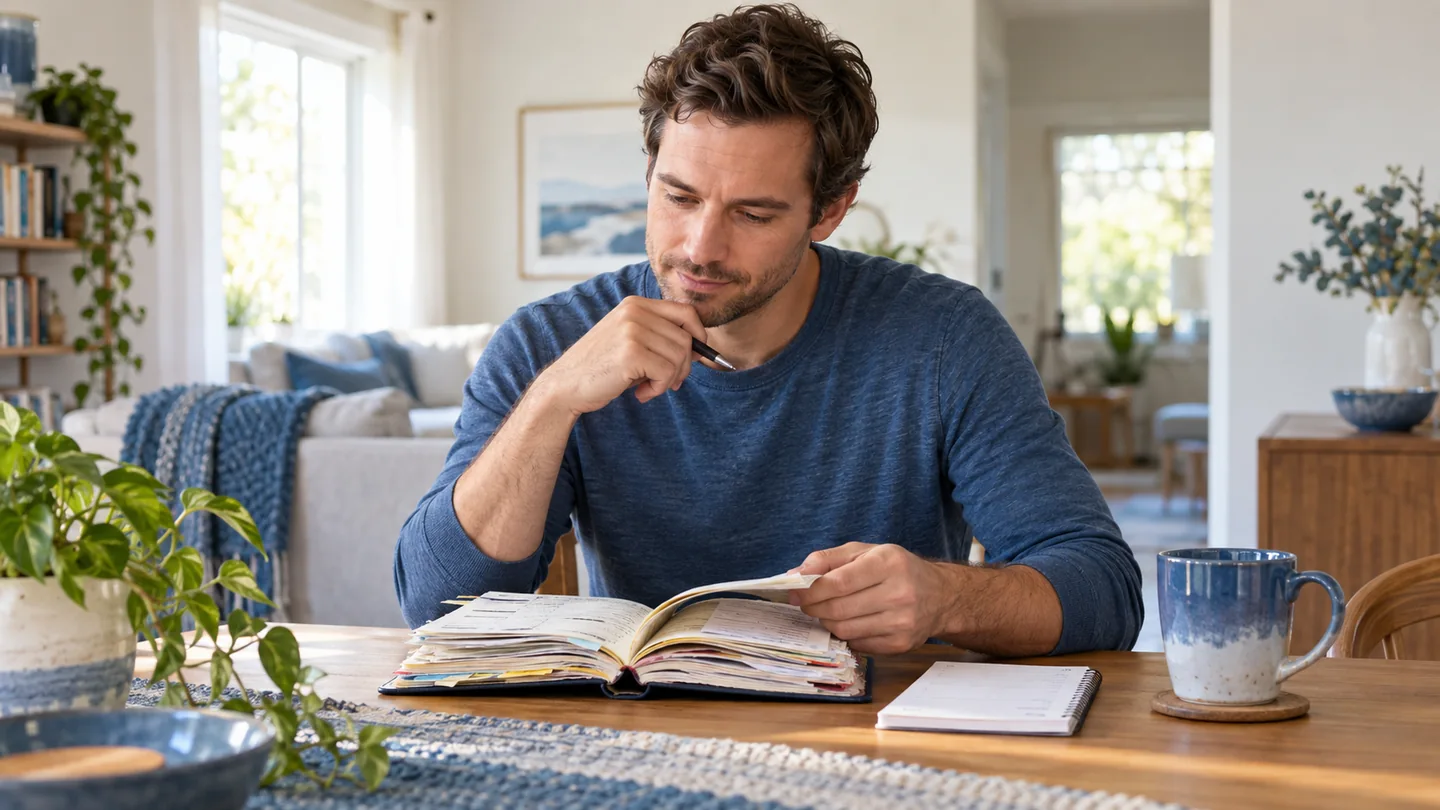 A man reviews a crowded task notebook beside a short daily list in a bright home setting.