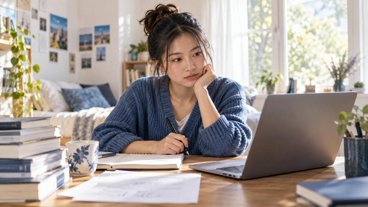 An adult Asian university student faces an unfinished practice question beside a laptop with study materials open.