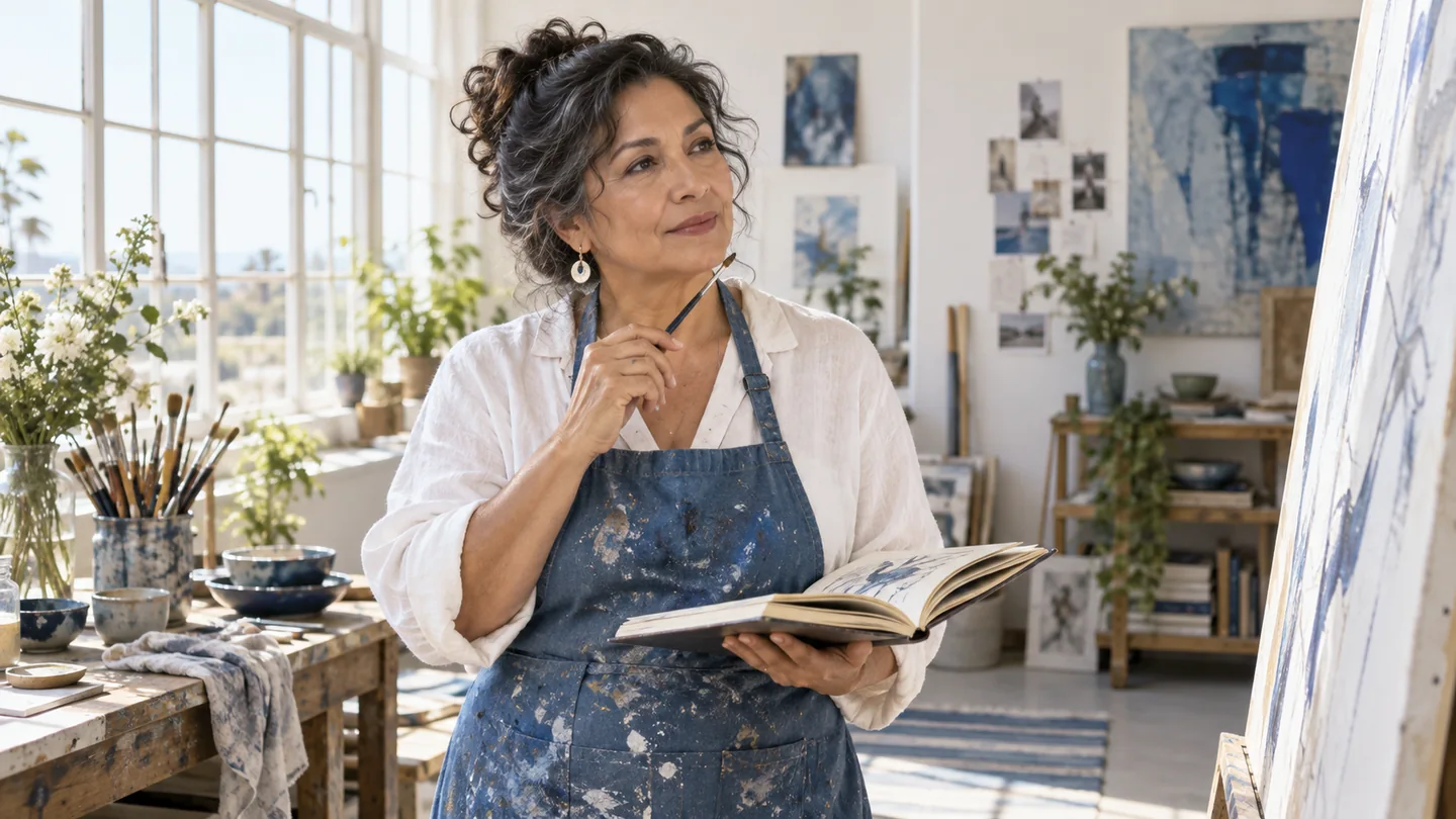 A Latina artist pauses beside an unfinished canvas and open sketchbook in a bright studio.