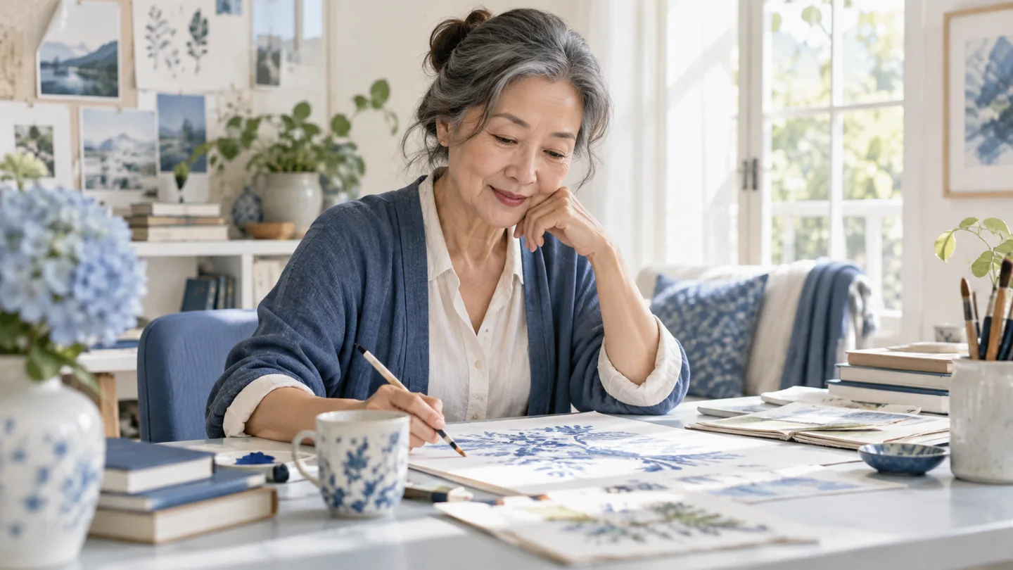 An older East Asian woman returns to a partly completed personal project at a bright blue-white desk.