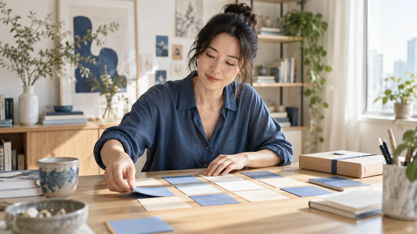 An East Asian creative professional reorders blue and cream task cards while an unfinished project waits nearby.