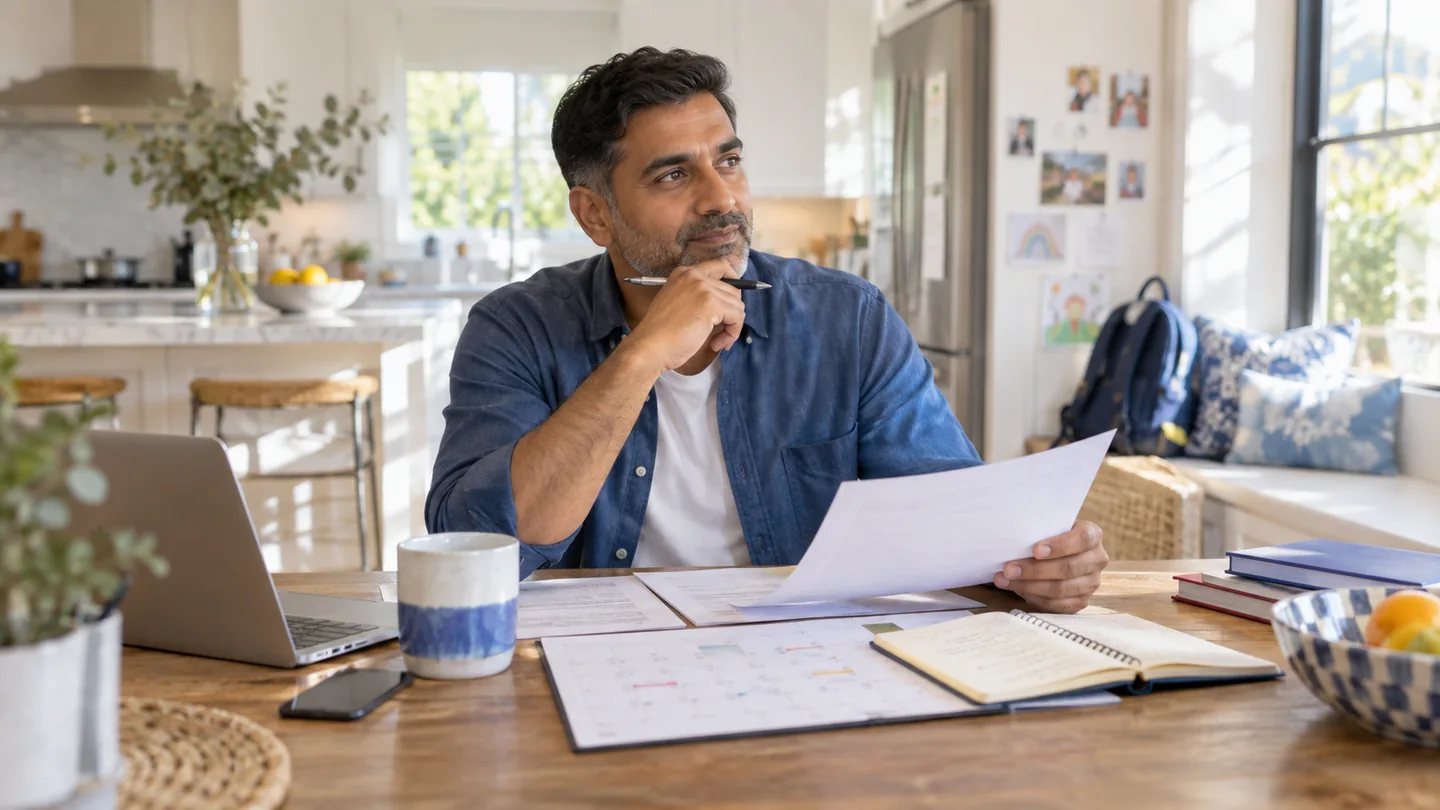 A South Asian father weighs work papers, a family calendar, and a personal project at a bright kitchen table.