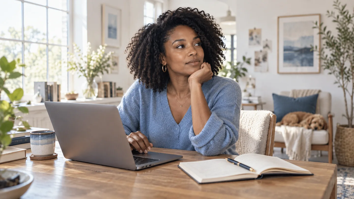 A Black woman pauses at her laptop, with an unfinished notebook open beside her in a bright home office.