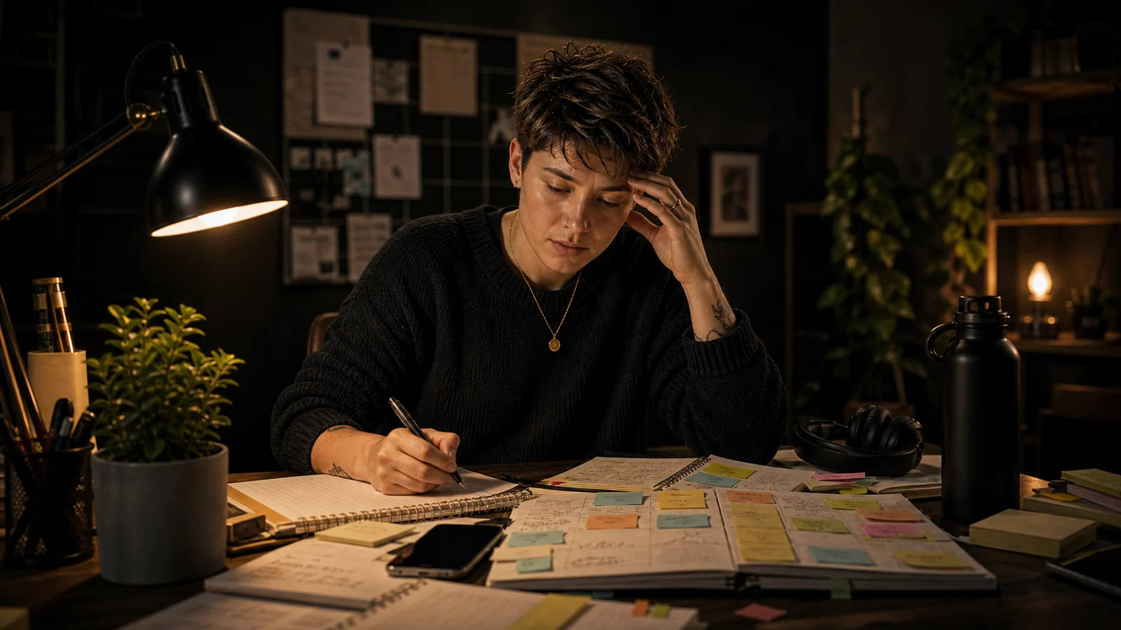 A person planning a busy week at a desk with notebooks, calendar pages, and a phone nearby.