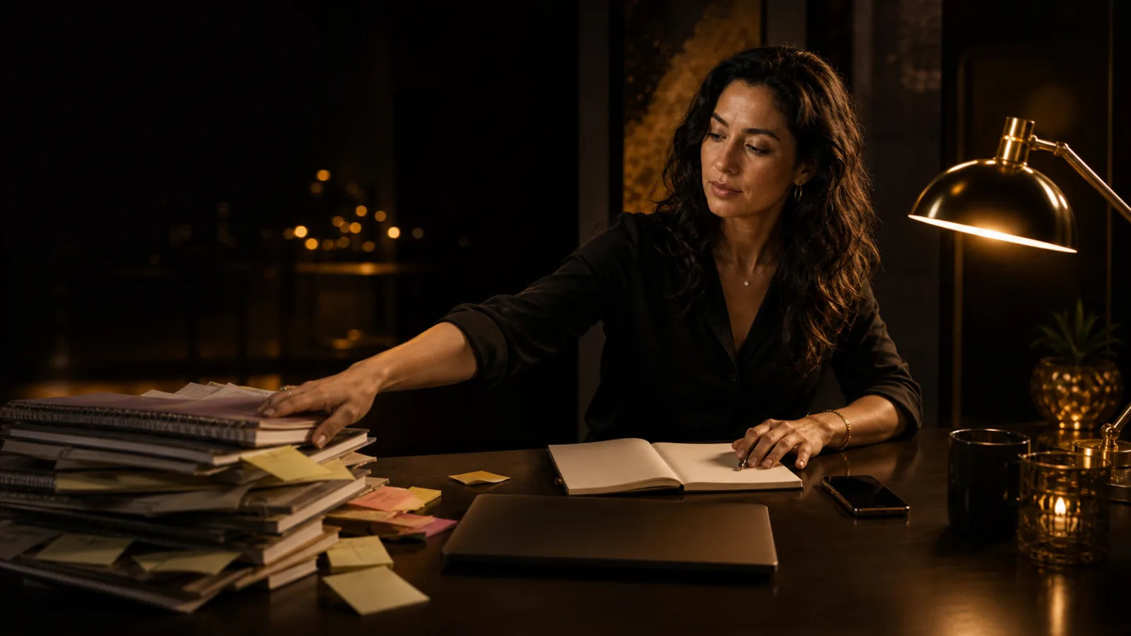 A Latina woman at a dark desk moving aside planning notes to reach for one blank page.