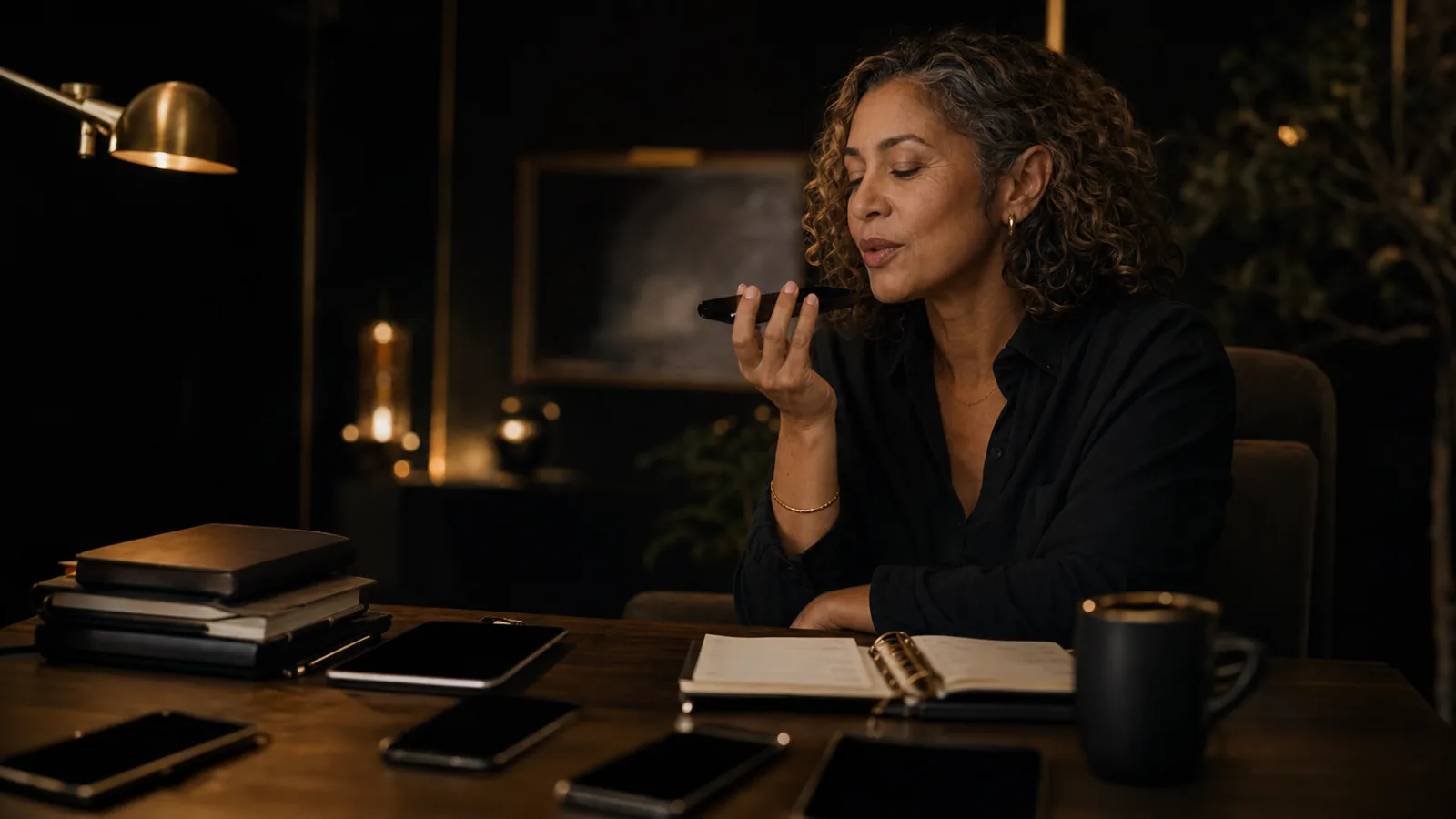 A mixed-race woman in a dark premium workspace speaking into a phone beside unused planners and blank screens.