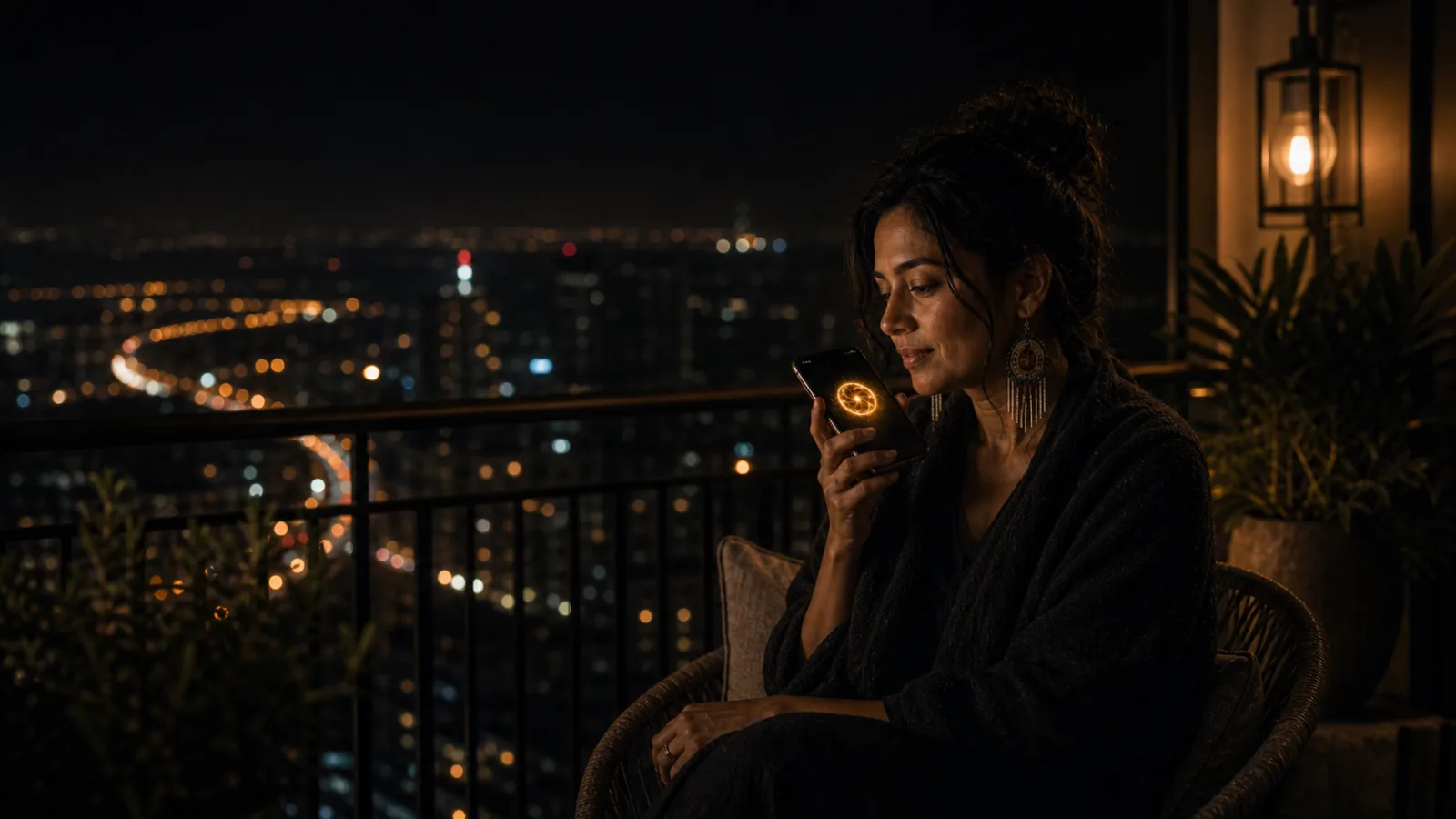 A South Asian woman on a balcony at night speaking quietly into her phone, city lights below, warm gold glow.
