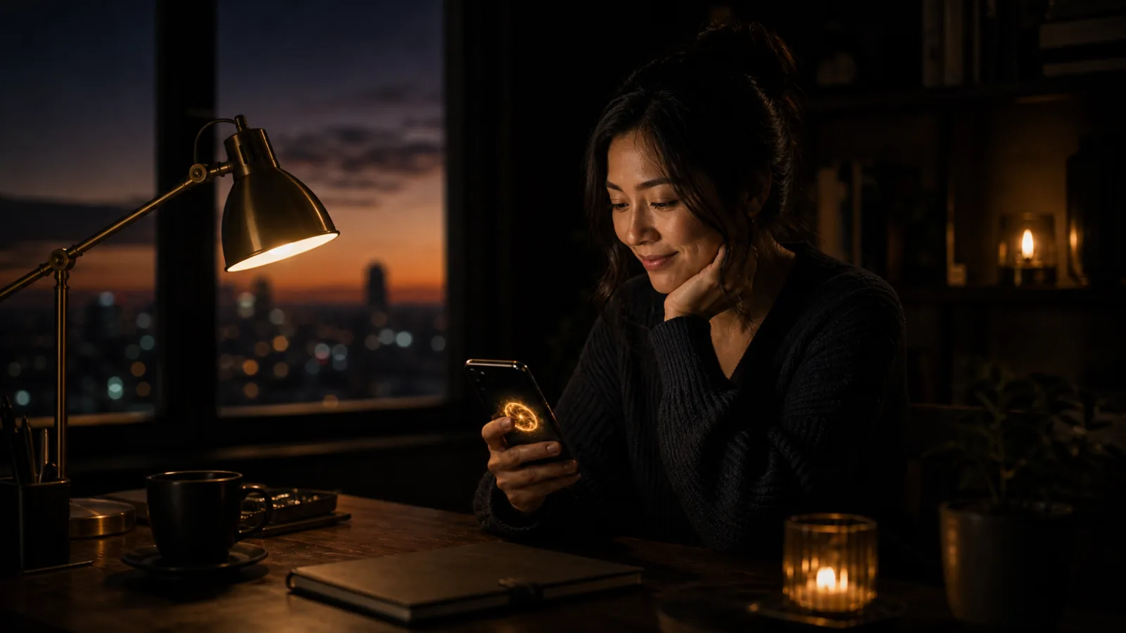 An East Asian woman at a dark desk smiling slightly at her phone, warm gold light, evening window.