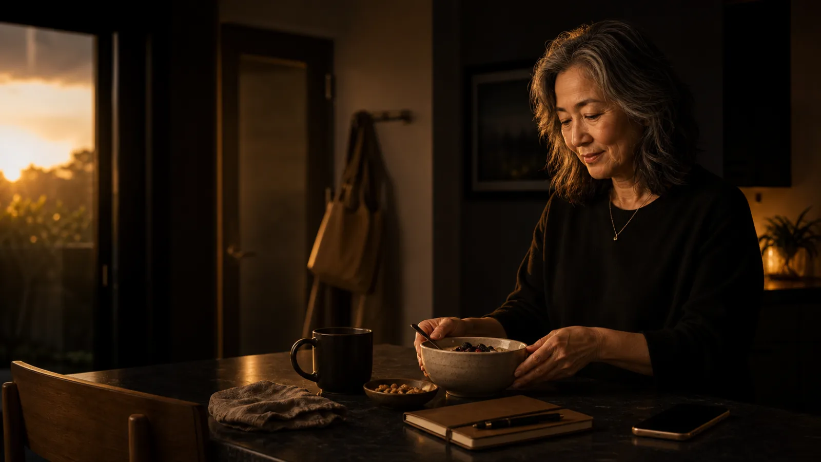An older East Asian woman preparing a simple breakfast and notebook in a dark kitchen with warm gold morning light.