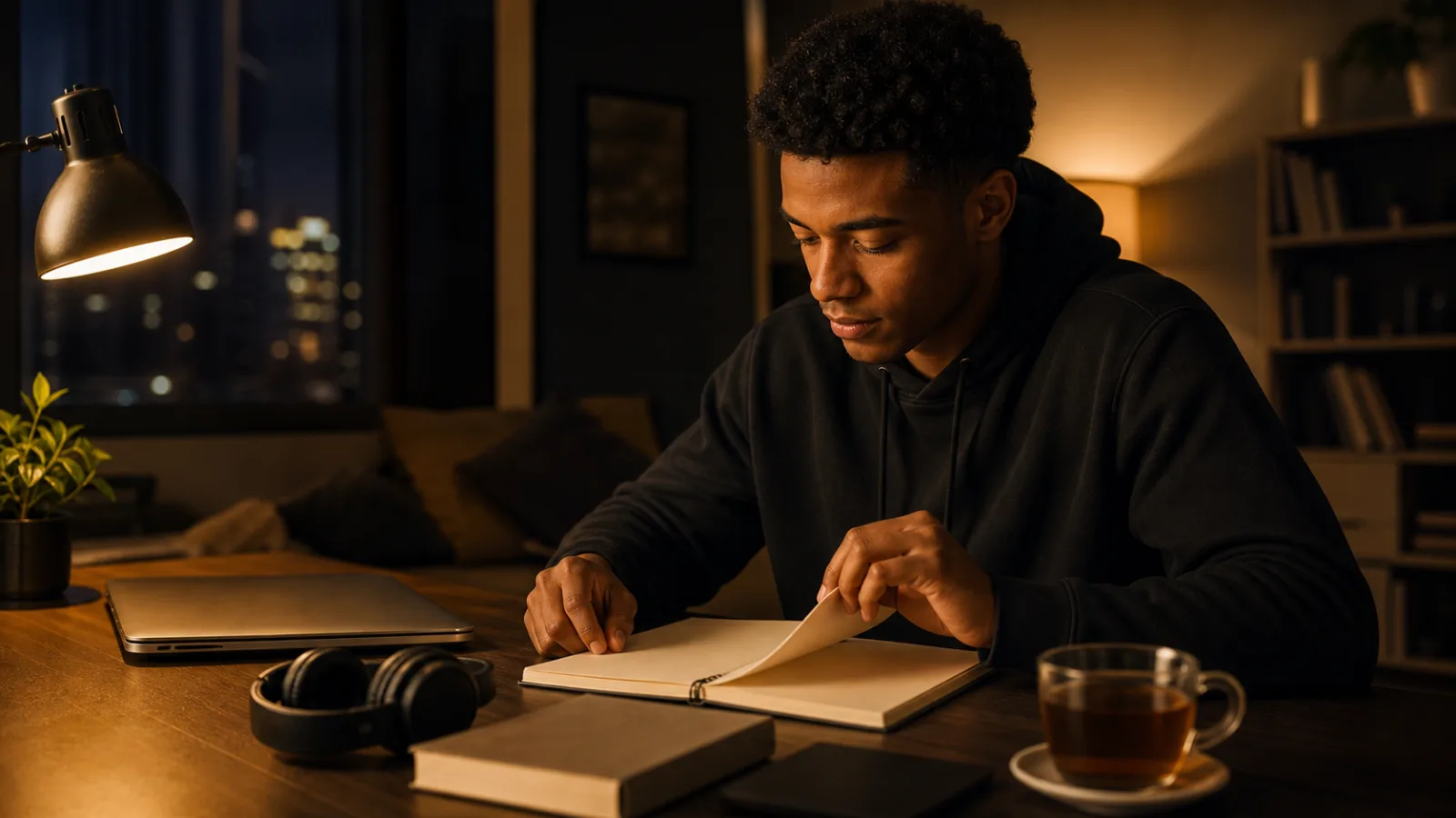 A young Black man at a warm dark study desk opening a blank notebook beside headphones and a closed laptop.