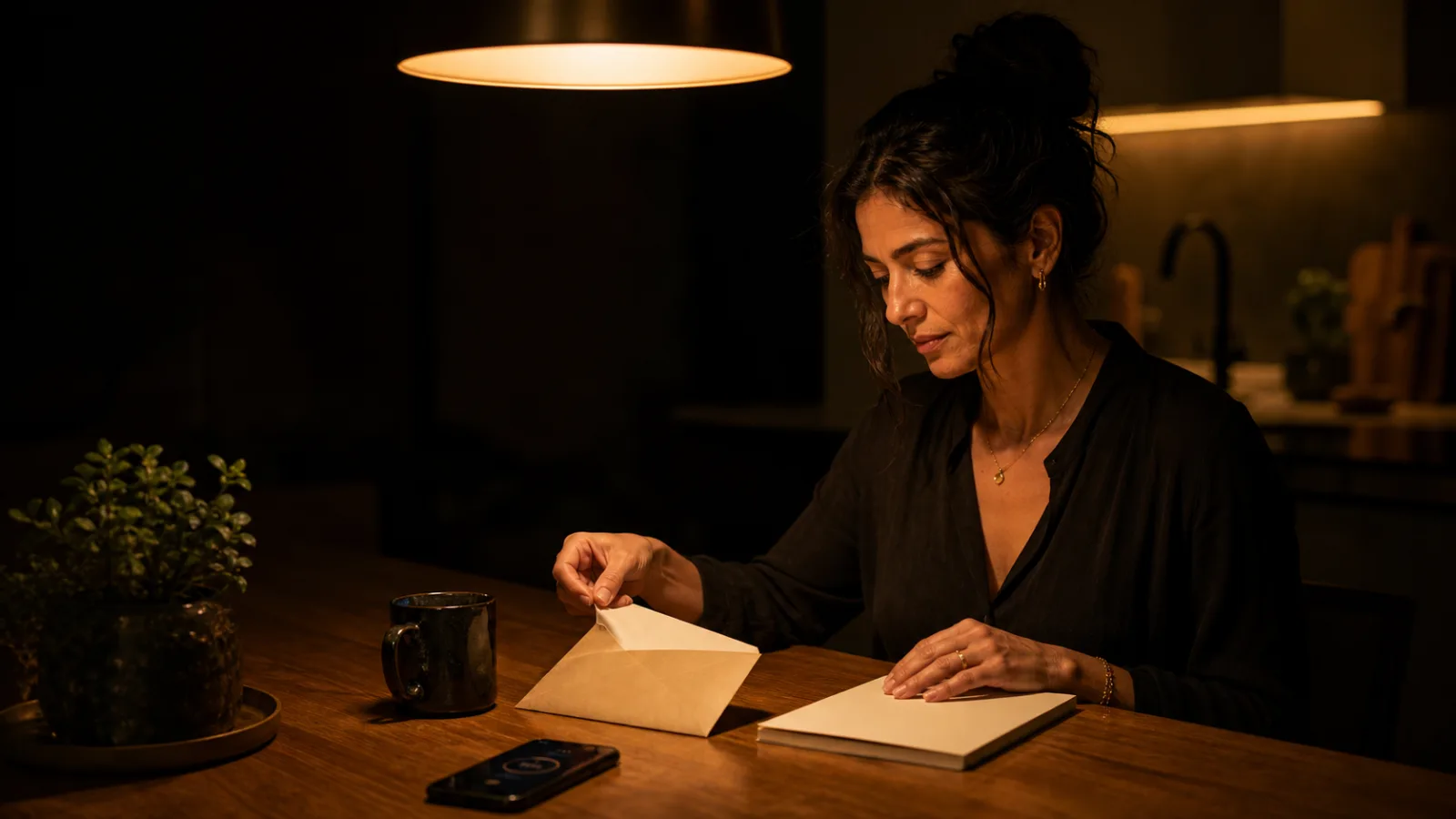 A Middle Eastern woman at a dark kitchen table opening one envelope under warm gold pendant light.