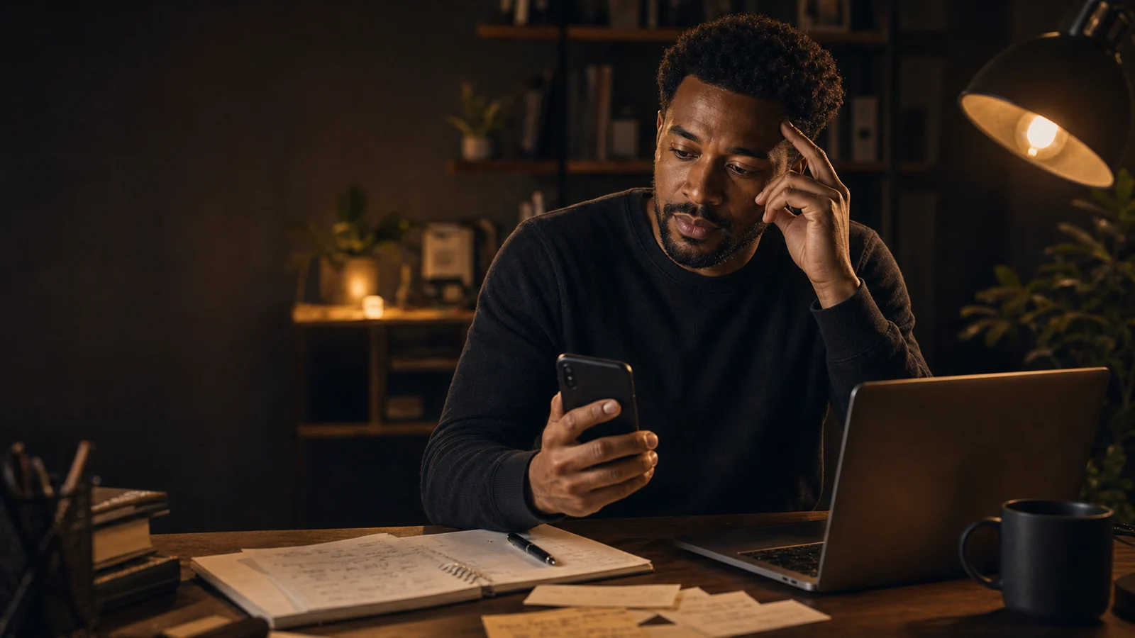 A focused man reviewing goals at a desk with a phone, laptop, and warm Catalyst-style lighting.