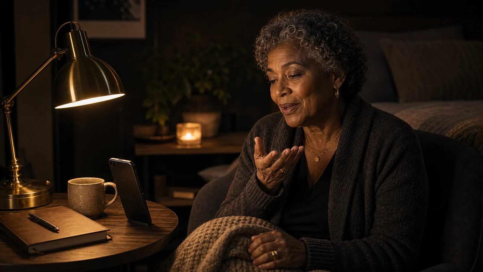 An older woman in a warm reading corner talking near a phone with a closed journal beside her.