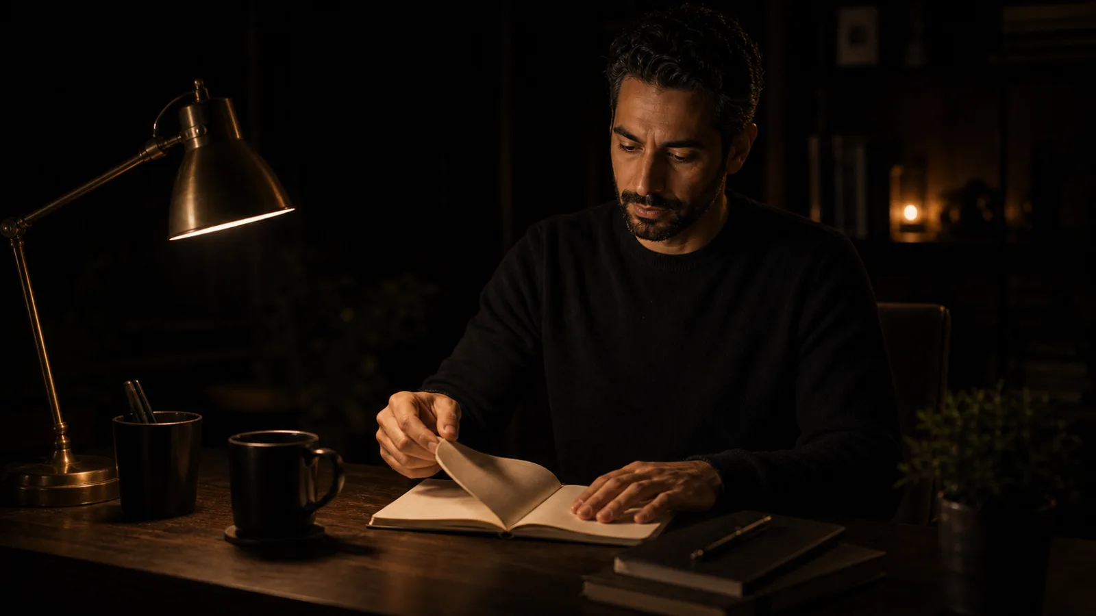 A Middle Eastern man at a dark desk opening a single notebook page, warm gold lamp, quiet evening.