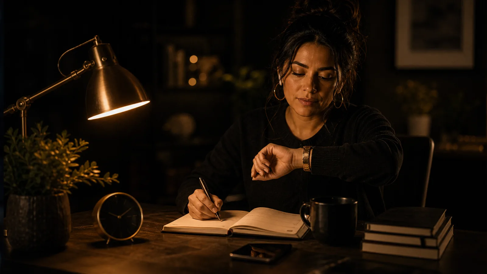 A Latina woman in a dark room glancing at a clock and phone, planner open, warm gold light.