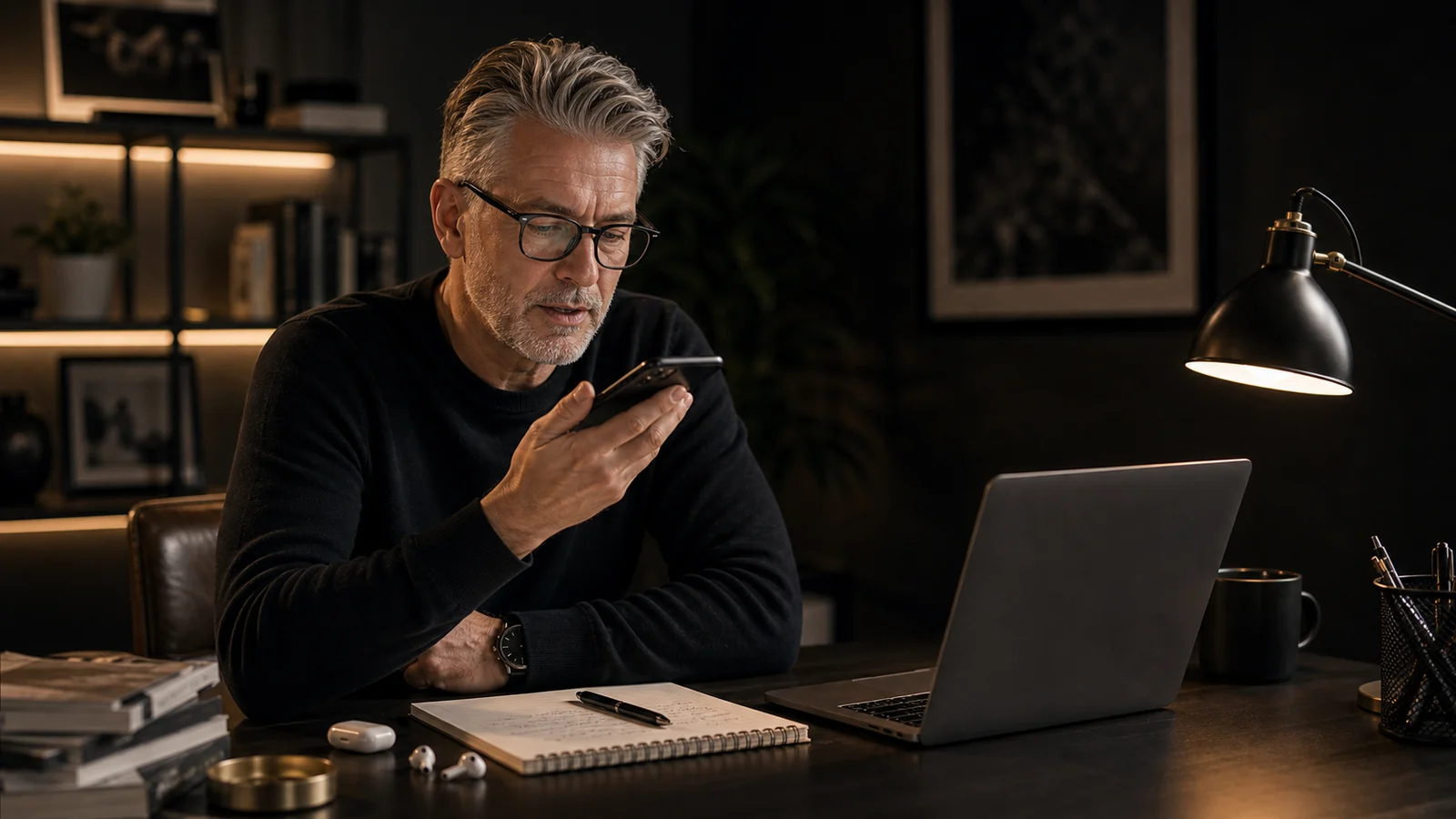 A reviewer testing a voice productivity app at a dark desk with laptop, notebook, and phone.