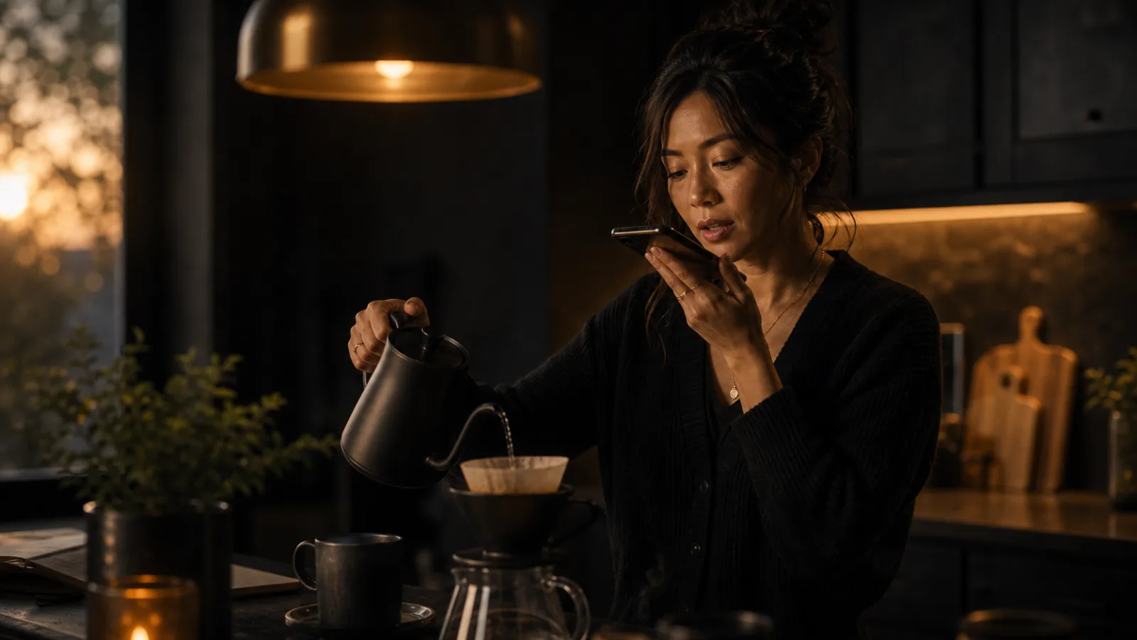 A busy East Asian woman talking to her phone while making coffee in a dark kitchen, warm gold light.