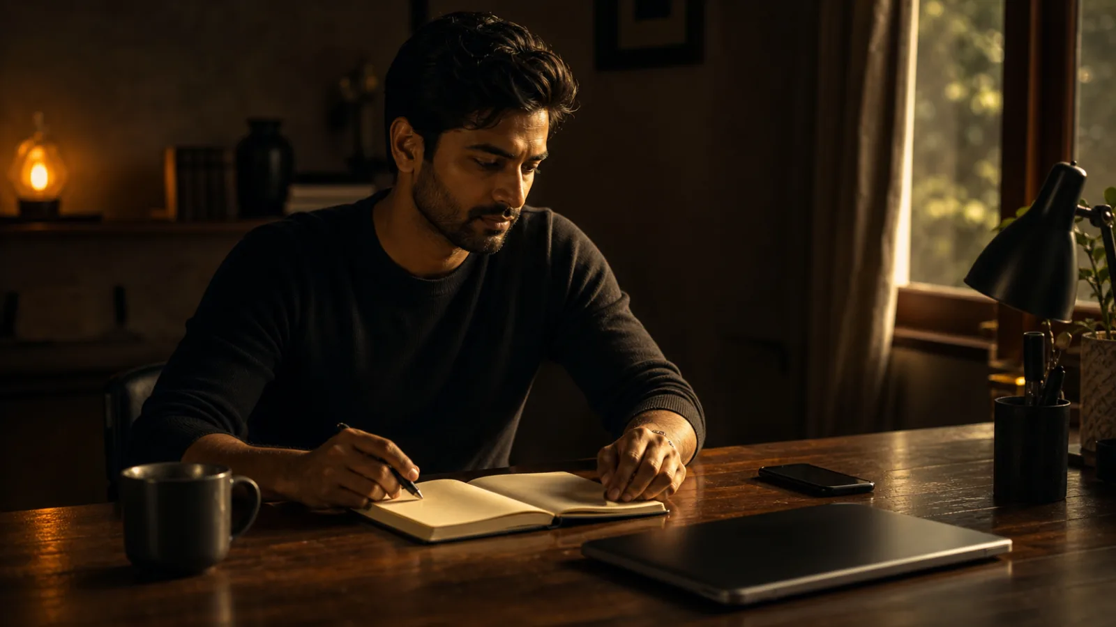 A South Asian man at a moody morning desk turning back to one simple notebook page with warm gold light.