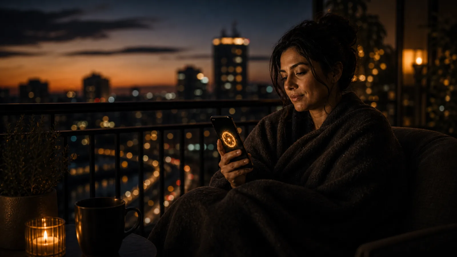 A Middle Eastern woman wrapped in a blanket on an evening balcony holding her phone, city lights, warm gold glow.