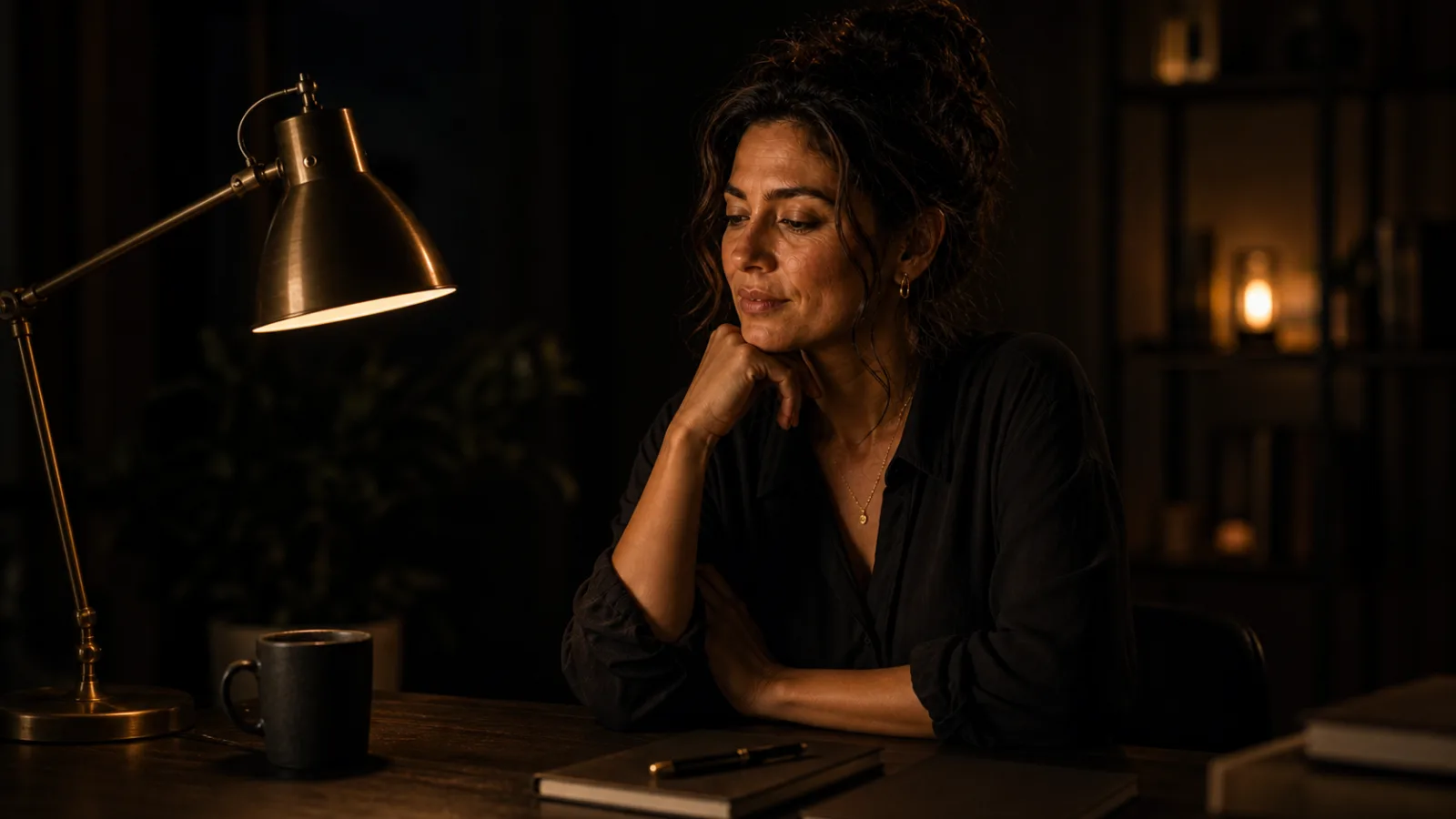 A mixed-race woman at a dark desk resting her chin on her hand, calm, warm gold light from a nearby lamp.