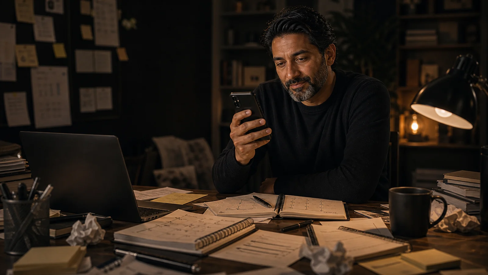 A tired business owner at a desk with planners, notes, laptop, and a normal phone nearby.
