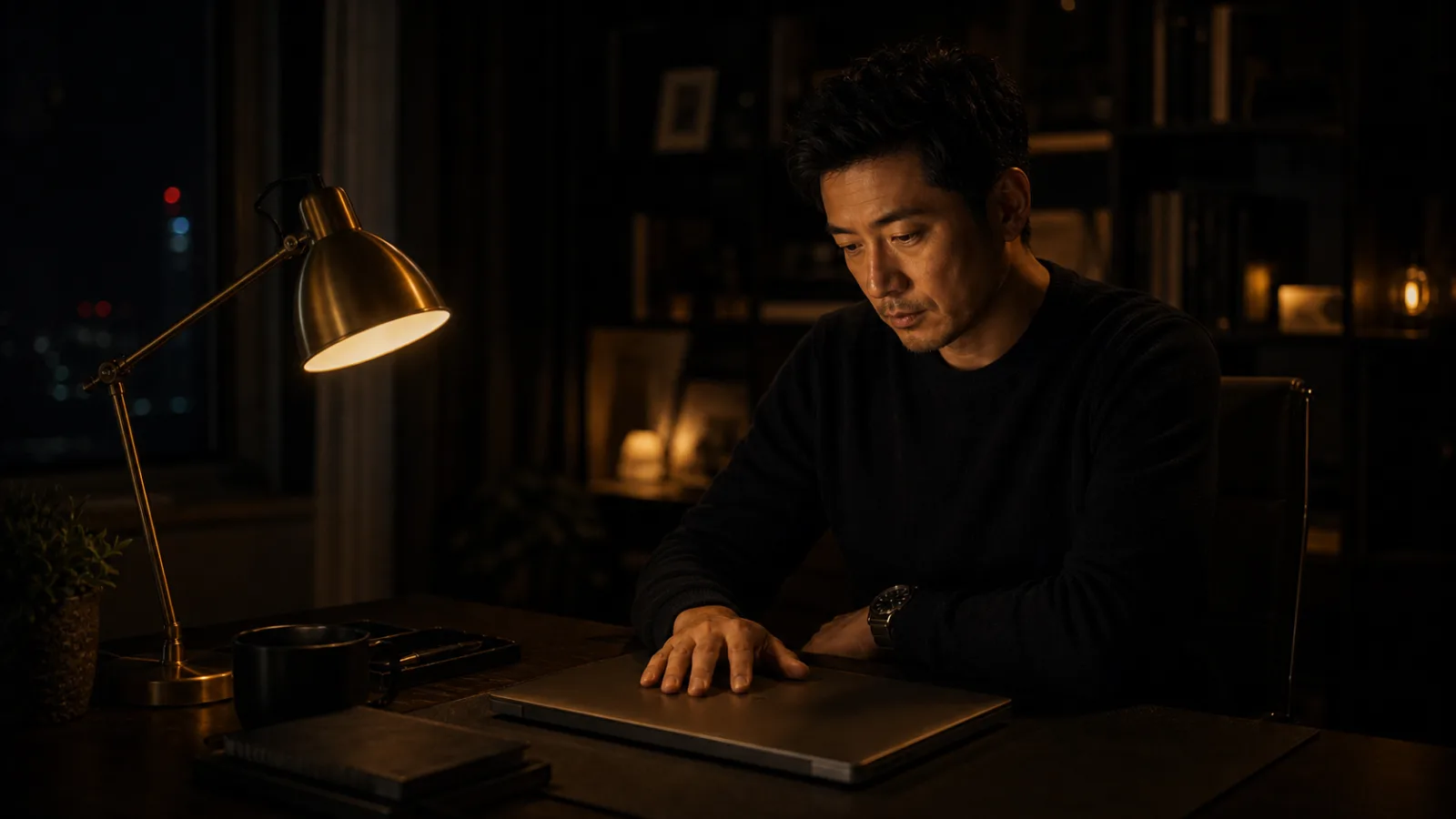 An East Asian man at a moody home office at night, hand on a closed laptop, warm gold desk light.