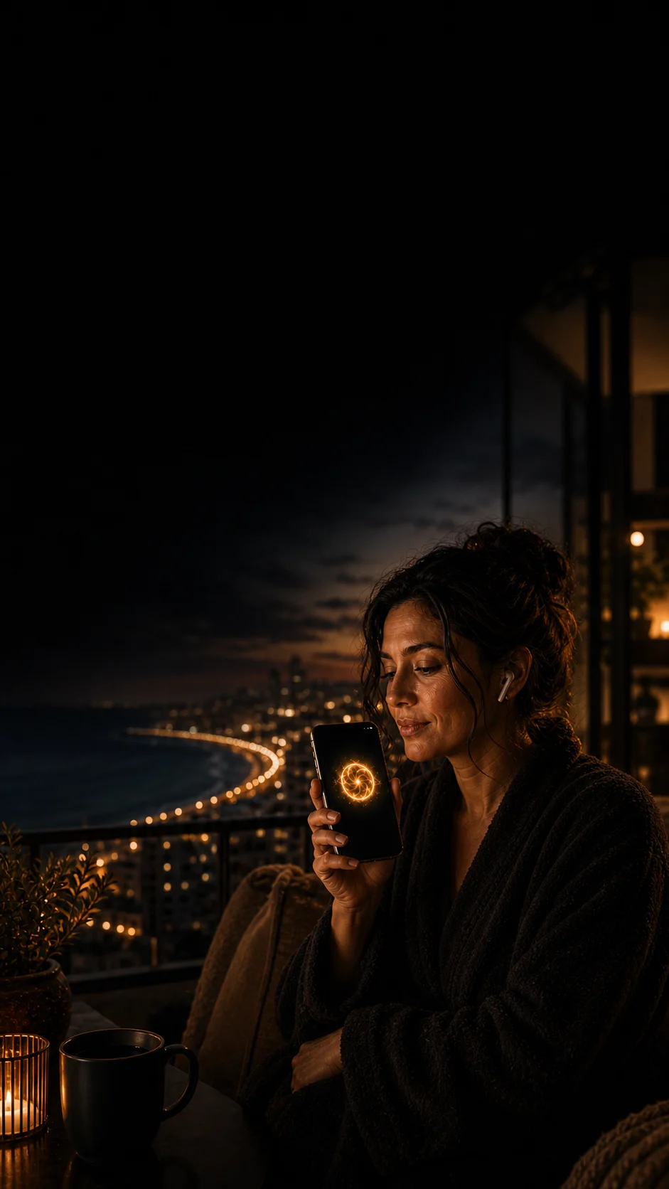 A woman speaks to Jax by voice on a city balcony at dusk.