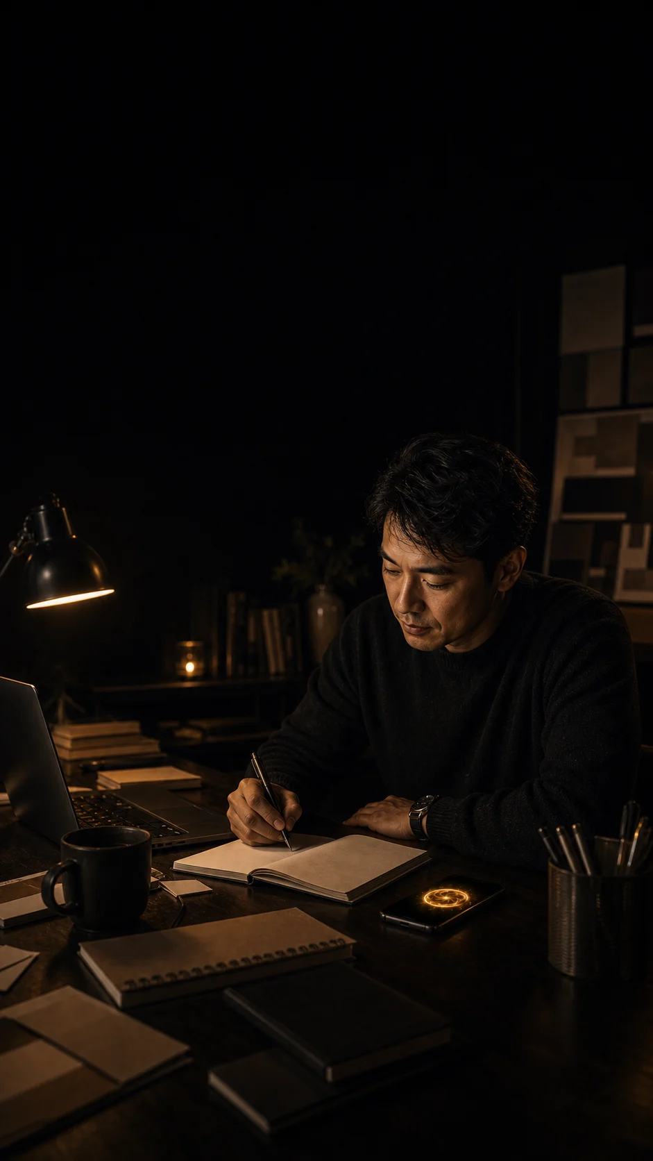 A man works late at a desk with Jax glowing beside project materials.