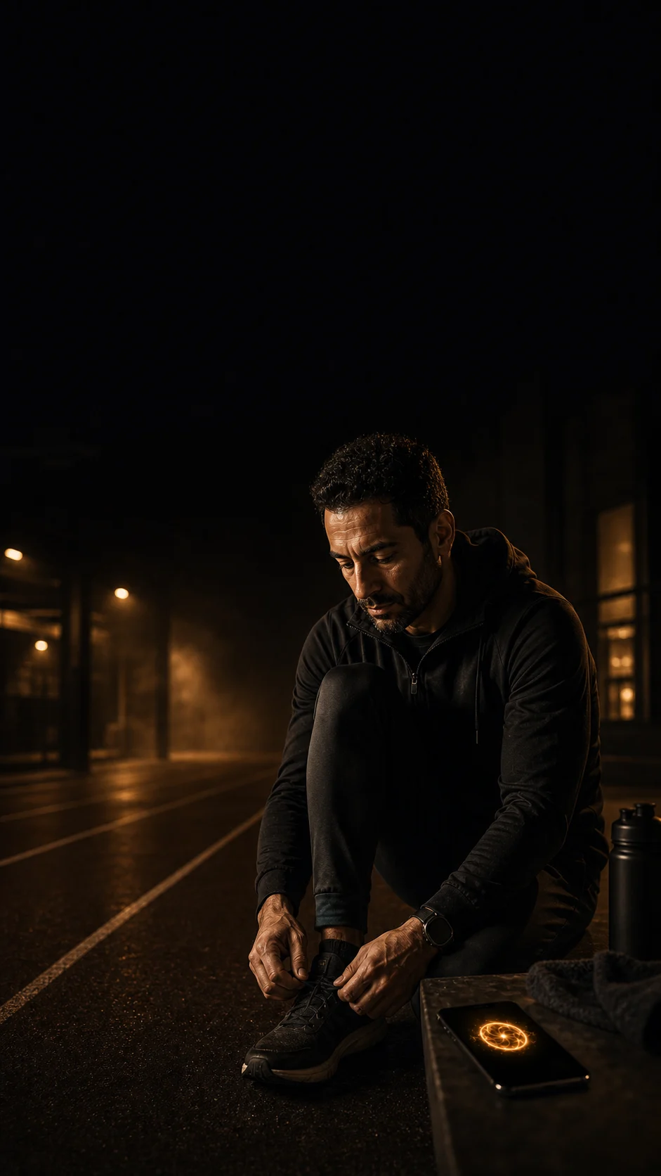 A man at a predawn gym checks Jax before restarting gently.