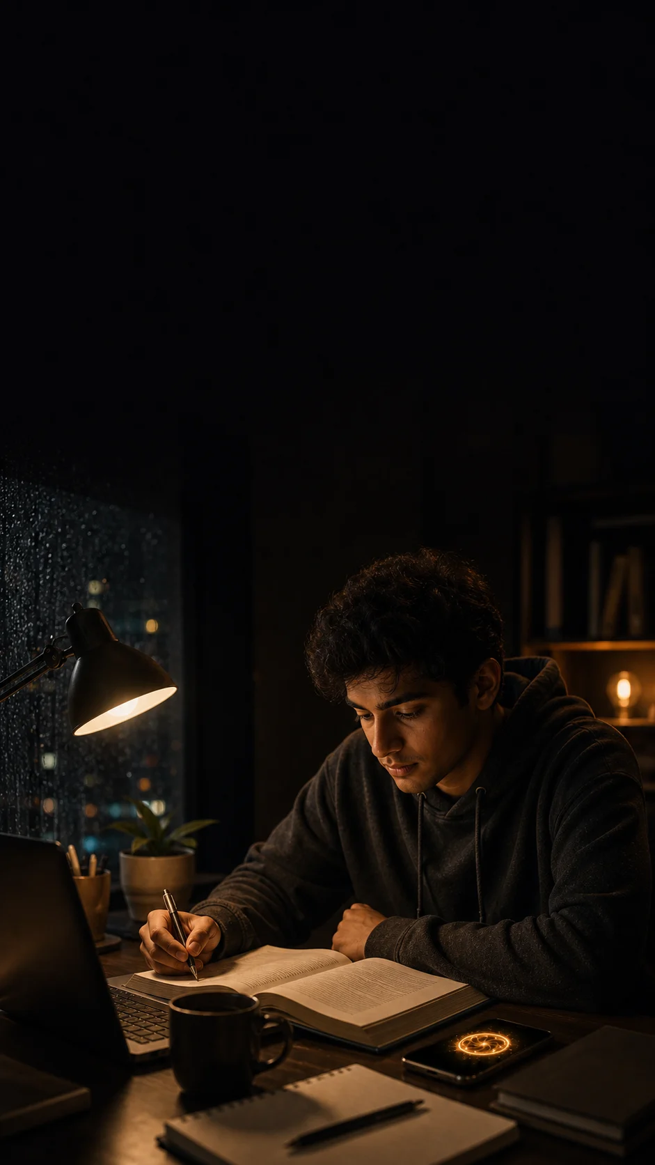 A student studies one open page with Jax glowing beside the book.