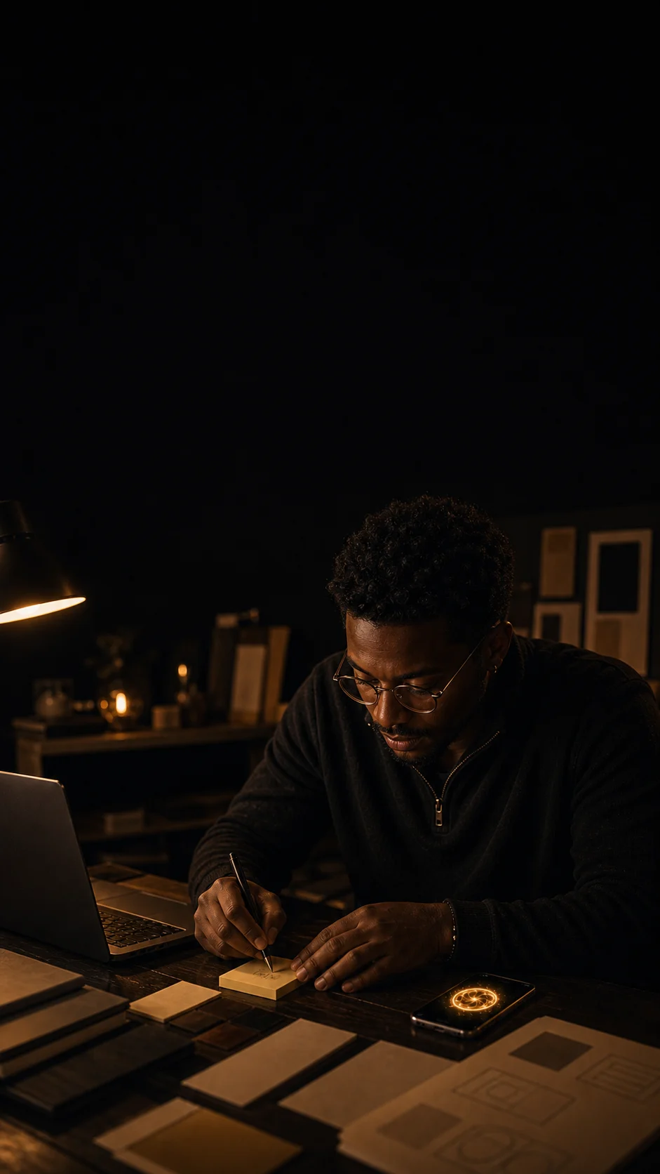 A founder begins a small first step at a warm dark desk with Jax nearby.