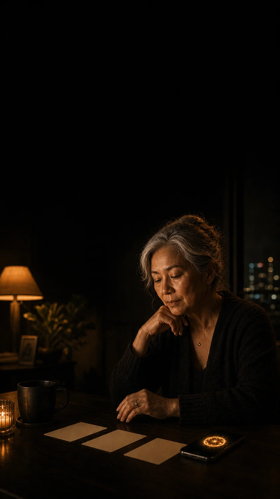 An older woman considers a decision with Jax glowing on her phone.
