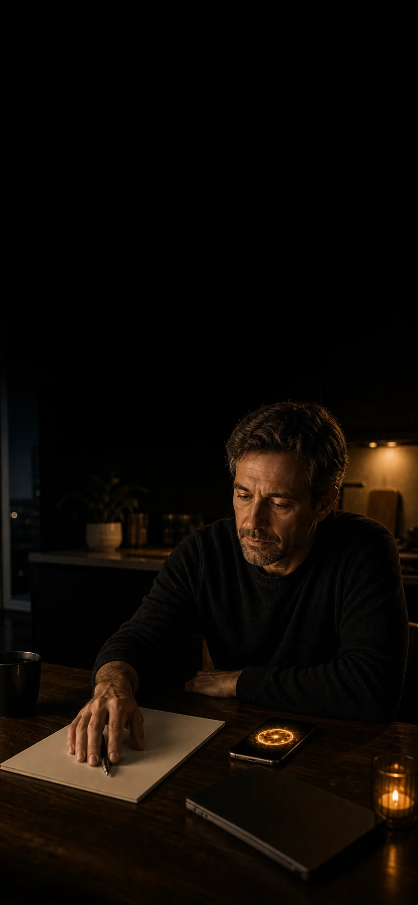 A man reaches toward a blank page with Jax nearby, ready to begin.