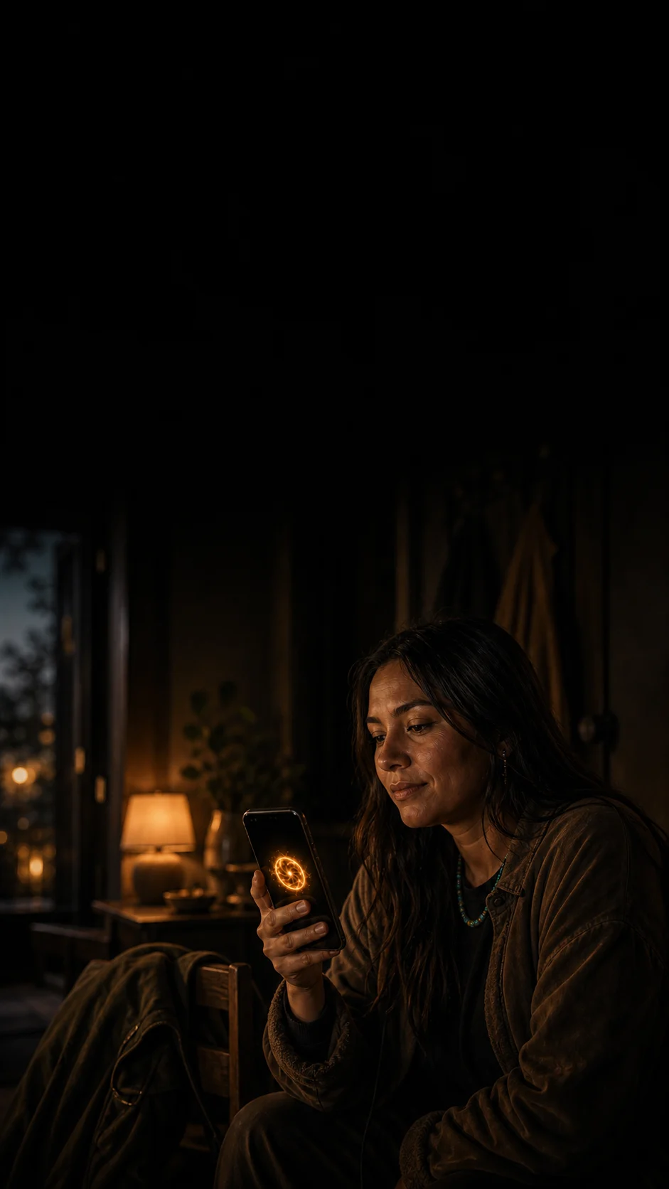 A woman returns to Jax after stepping away, phone glowing warmly.