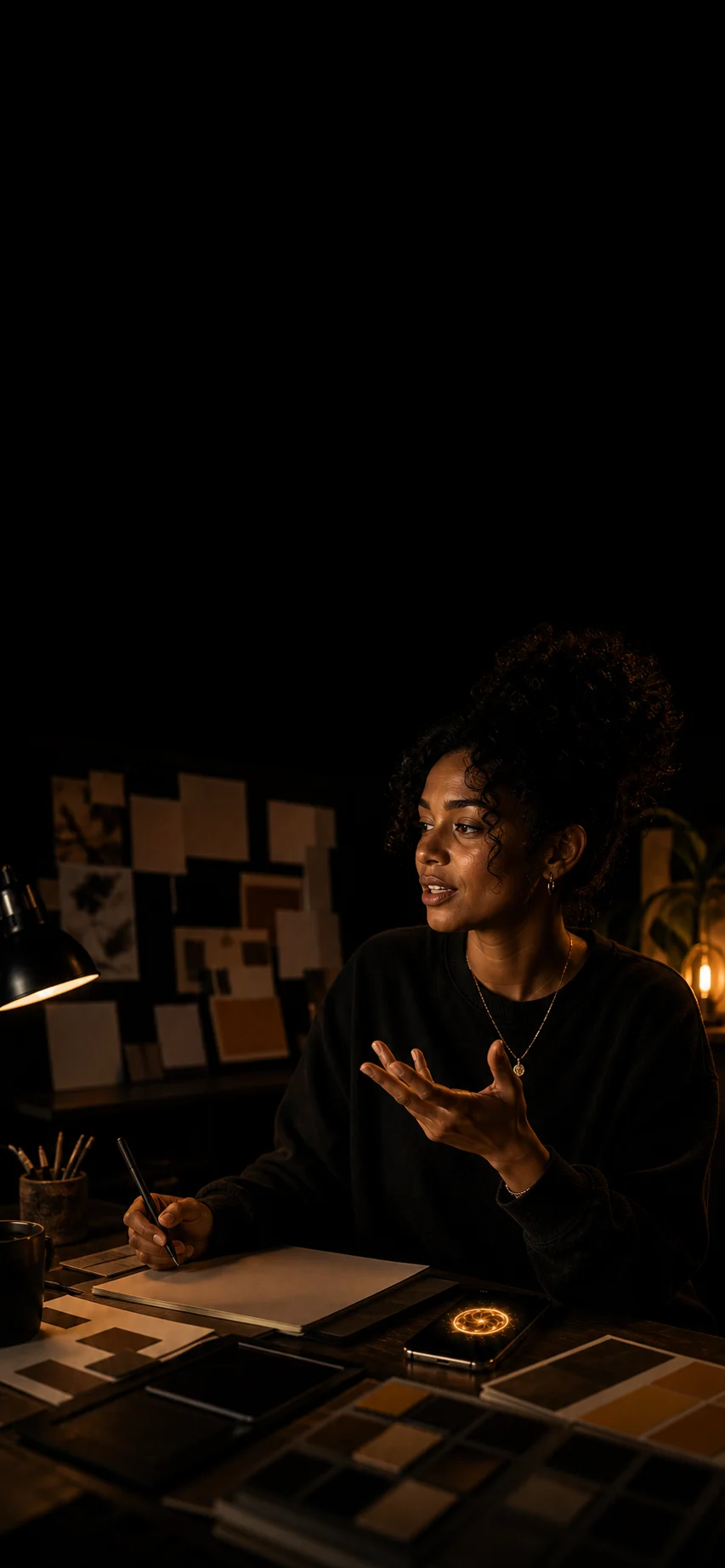 A designer describes a visual idea to Jax in a dark creative studio.