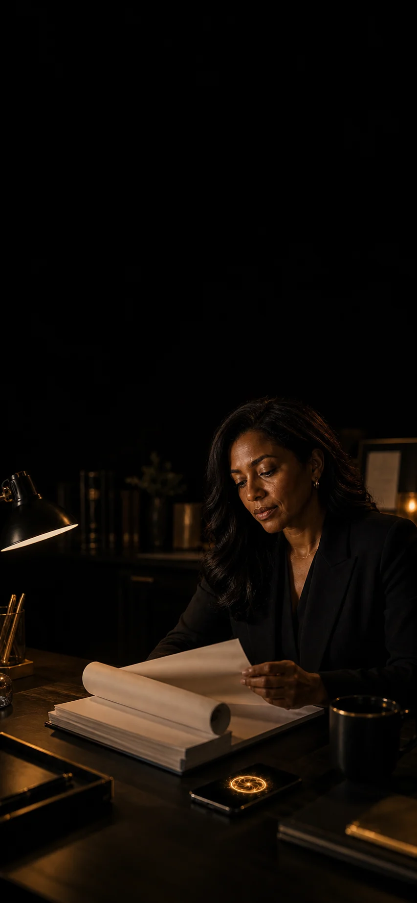 A professional reviews a long document with Jax glowing beside the pages.