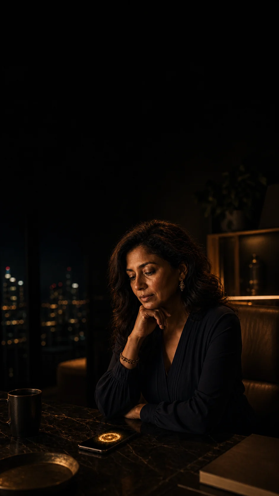 A woman considers a hard decision with Jax glowing on the table.