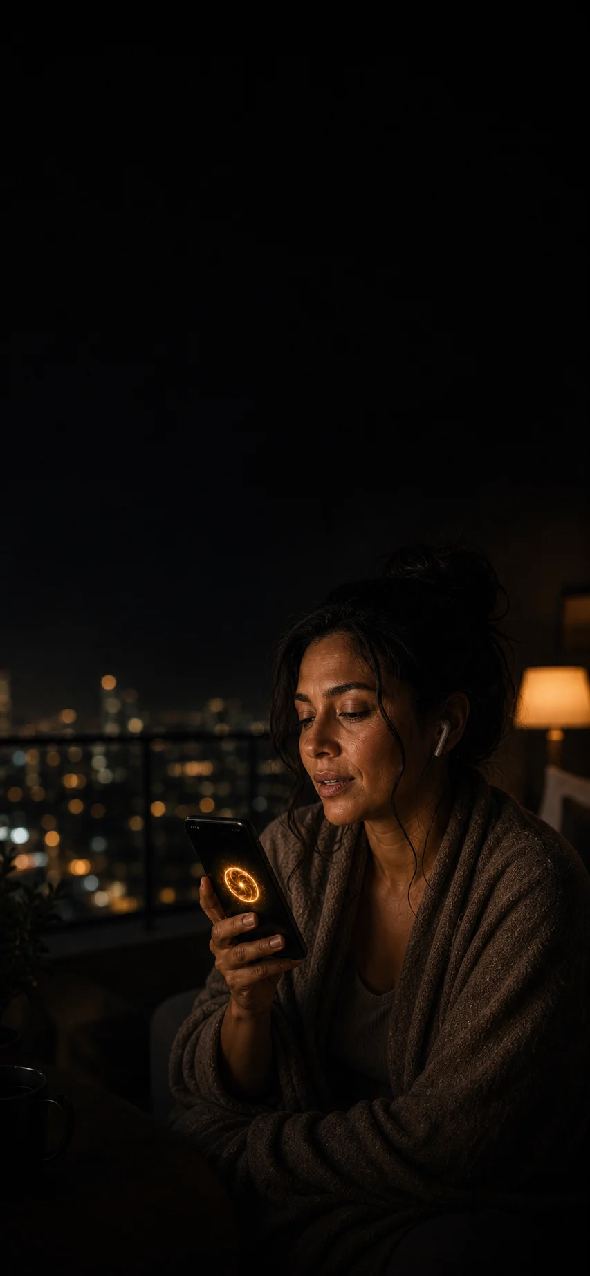 A woman talks tiredly to Jax on a quiet balcony at night.