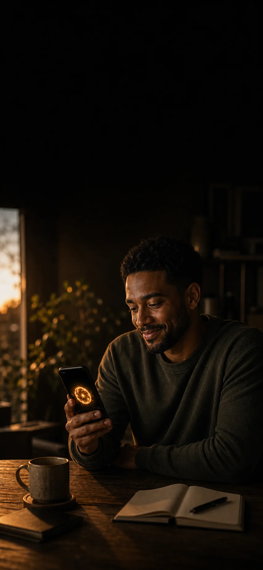 A man finishes a first honest check-in with Jax over morning coffee.