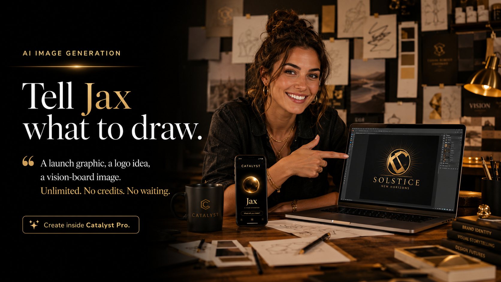 AI image generation. Tell Jax what to draw, from a launch graphic to a logo idea or vision-board image.