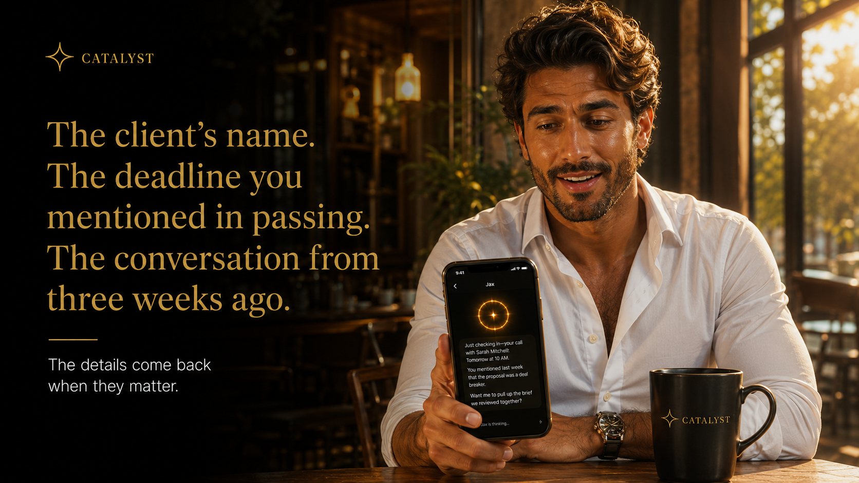 Full recall. Jax remembers the client's name, the deadline you mentioned in passing, and the conversation from three weeks ago.